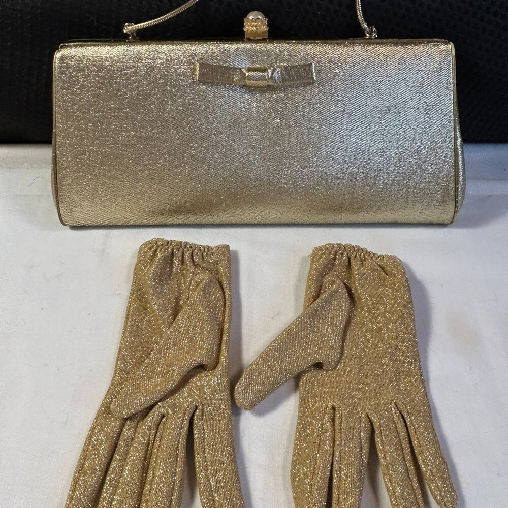 Vintage Gold Metallic clutch handbag purse w/matching gloves - 11.5"W x 5.25"D